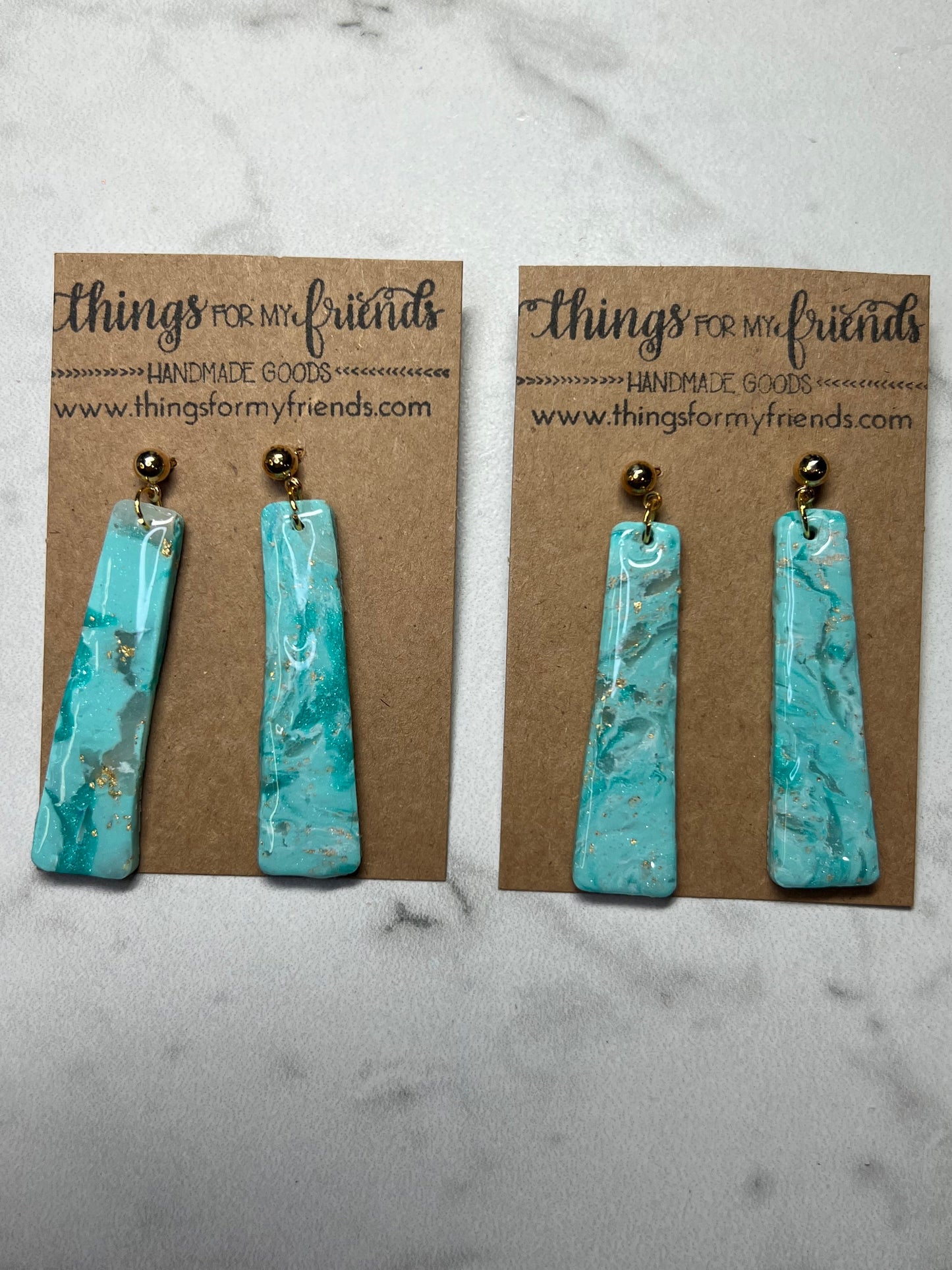 Ball Stud Dangles- Teal/Gold Marble