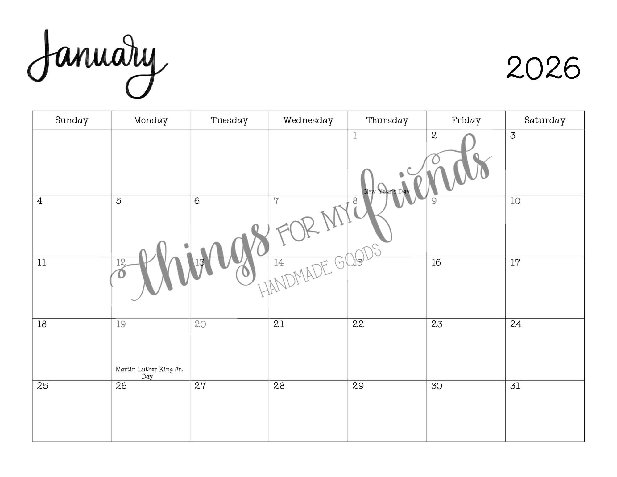 2026 Monthly Calendar- Digital Download
