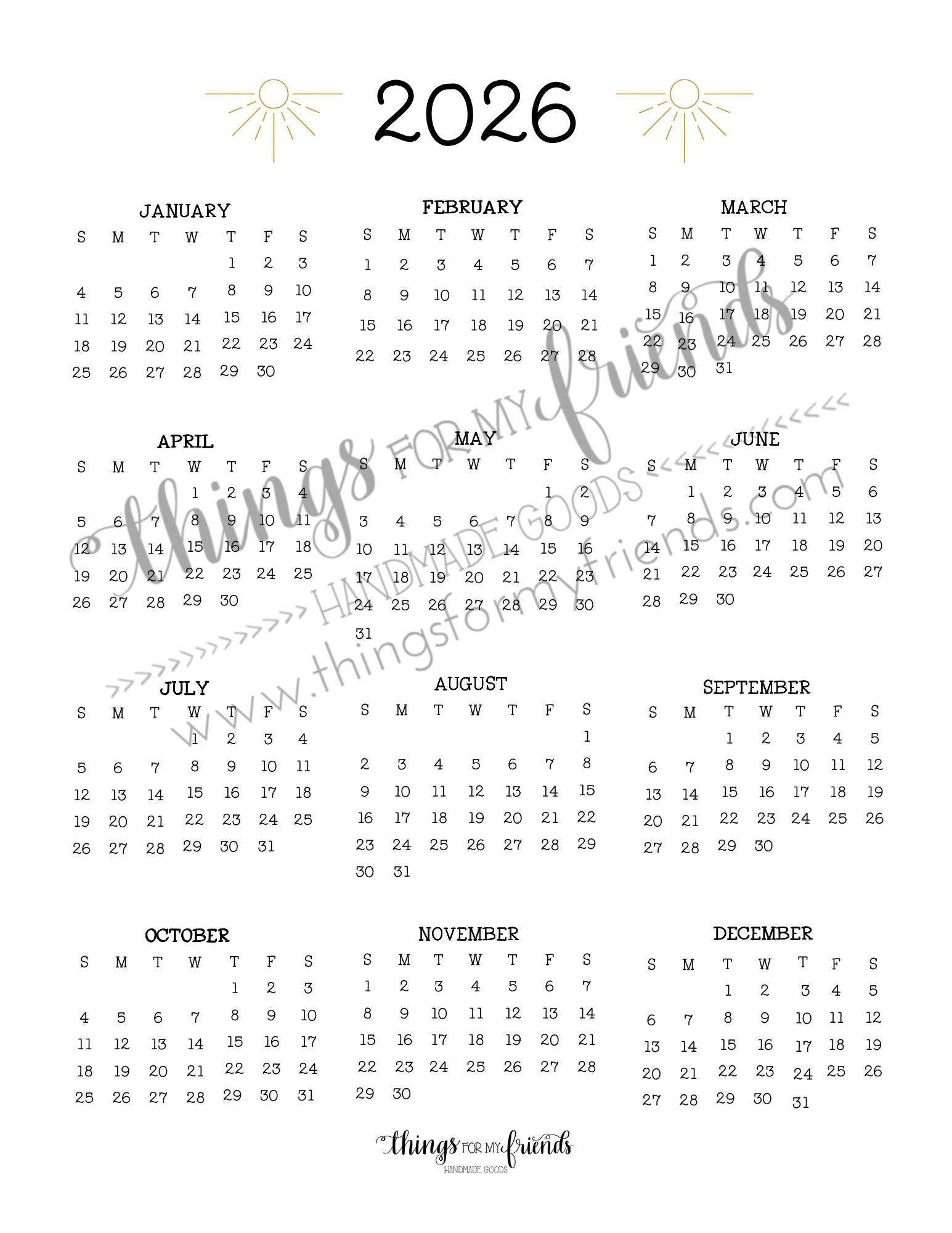 2026 Yearly Calendar- Digital Download