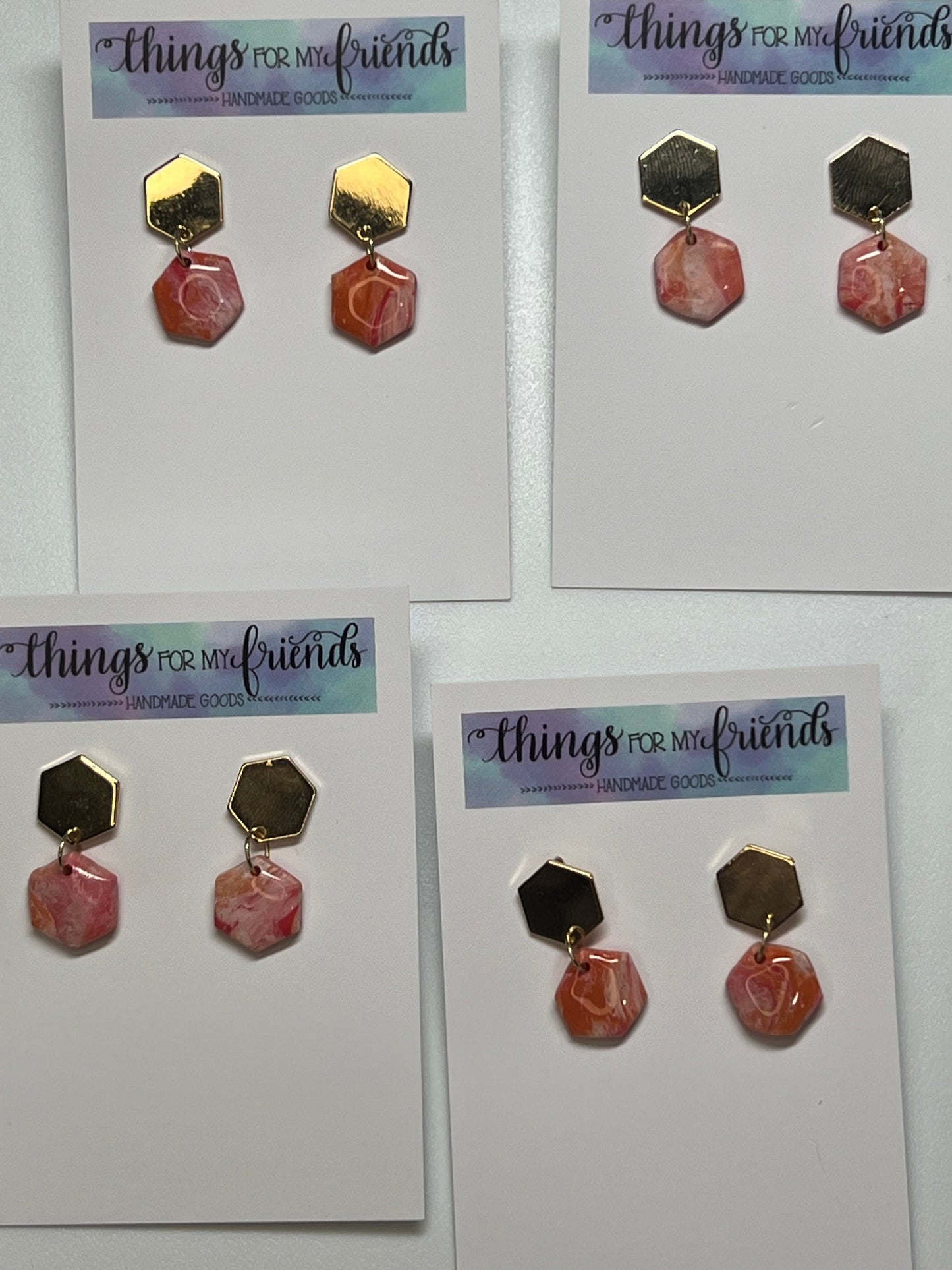 Hexagon Dangles- Orange/Red Marble